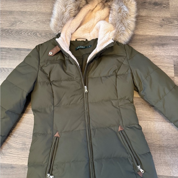 Ralph Lauren Dark/Olive Green Puffer Coat with Faux Fur Hood - Picture 3 of 6